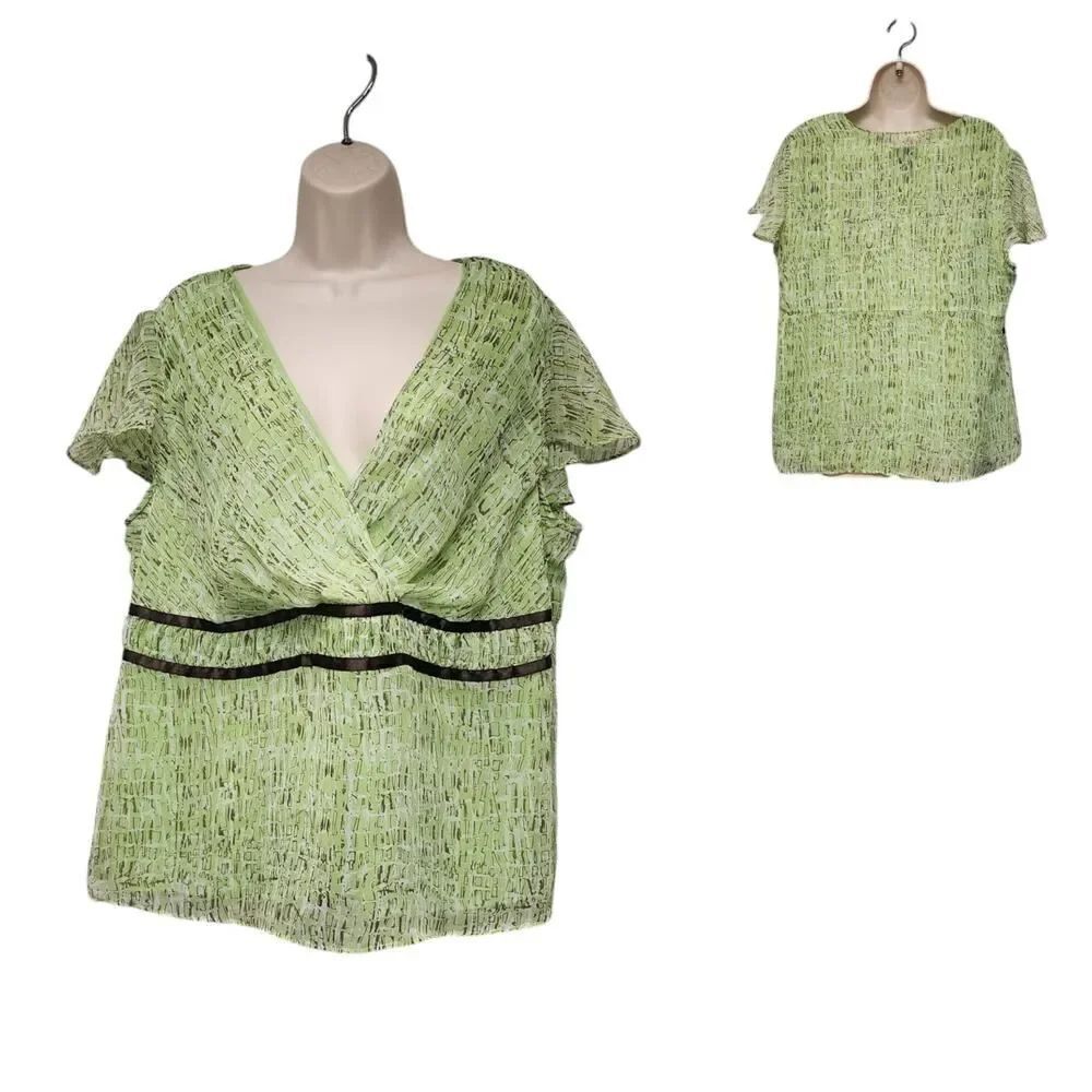 Lane Bryant Women’s Short Sleeve V-Neck Peplum Blouse Top Green Brown Size 18-20